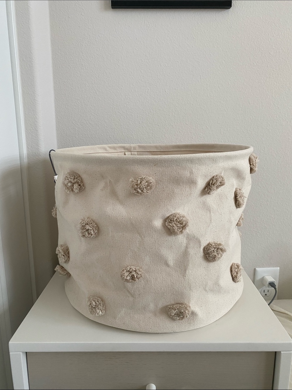 New Pehr Pom Pom cotton canvas medium storage bin basket drum 15”x11” in taupe